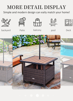 22" Outdoor Side Table with Umbrella Hole, Rattan Wicker End Table with Sand Bag and Steel Frame for Patio, Garden, Backyard, Brown & Light Yellow