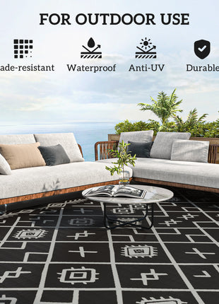Reversible Outdoor Rug, Waterproof Plastic Straw with Carry Bag, 9' x 18', Black & Gray Rhombus