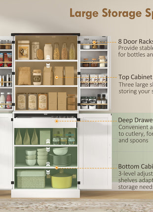 72" Tall Kitchen Pantry Cabinet, Farmhouse Storage Cabinet with 8 Door Racks and Adjustable Shelves, White