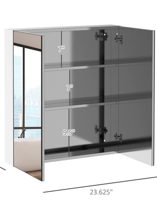 Bathroom Mirrored Cabinet, 24"x26" Stainless Steel Frame Medicine Cabinet, Wall-Mounted Storage Organizer with Double Doors, Silver