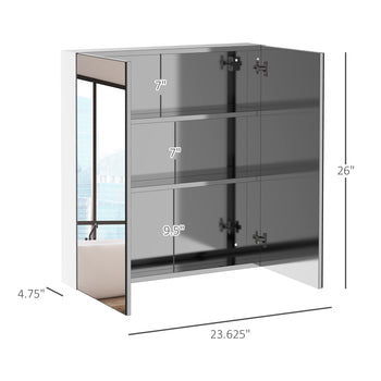 Bathroom Mirrored Cabinet, 24"x26" Stainless Steel Frame Medicine Cabinet, Wall-Mounted Storage Organizer with Double Doors, Silver