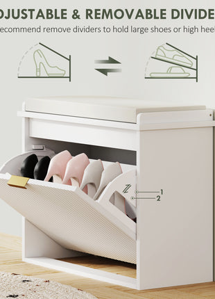 Shoe Storage Bench with Padded Seat Cushion and Flip-Drawer, Entryway Bench, Shoe Cabinet, 24.4x10.2x18.7 Inches, White