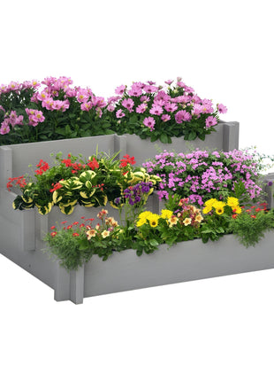 3 Tier Raised Garden Bed, Water Draining Fabric for Soil, Elevated Wood Flower Box for Vegetables, Herbs, Gray