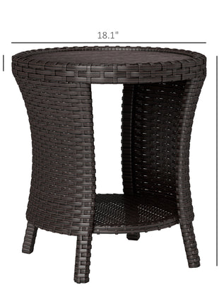 18" Wicker Outdoor Coffee Table, PE Rattan Patio Side Table with 2-Tier Storage, Composite Wood Top, Mixed Brown
