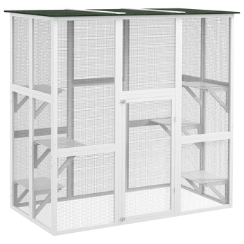 Outdoor Cat House Big Catio Wooden Feral Cat Shelter Enclosure with Large Spacious Interior, 6 High Ledges, Weather Protection Asphalt Roof, 71" L, White