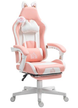 Cute Racing Gamer Chair, Faux Leather Gaming Chair with Footrest, Headrest and Lumbar Support, Pink