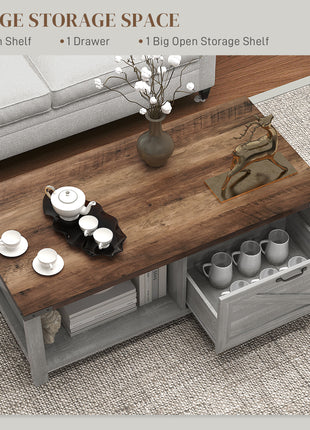 Coffee Table with Storage, Farmhouse Living Room Table with Storage Drawer and Open Shelf, Distressed Gray