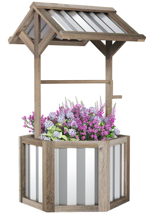 Wooden Wishing Well Planter, Raised Garden Bed with Galvanized Canopy, Hexagon Raised Flower Bed for Garden, Light Gray