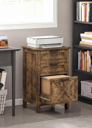 Vertical File Cabinet with 3 Drawers, Rustic Farmhouse Office Storage Cabinet for A4, Letter Size, Rustic Brown