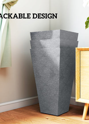 28" Tall Planters, Set of 3 Plastic Flower Pots with Marble Finish and Drainage Holes, Stackable Taper Planters, Gray