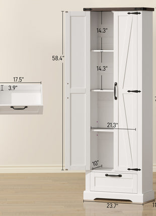 71" Pantry Cabinet, Kitchen Storage Cabinet with Adjustable Shelves, Barn Doors and Drawer for Dining Room, White