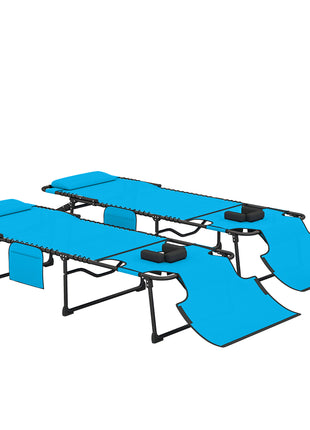 2 Piece Folding Chaise Lounge Pool Chairs with 5-level Reclining Back, Reading Hole, Side Pocket, Blue