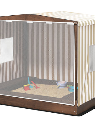 Kids Wooden Sandbox with Canopy Fully Covered, 2 Bench Seats, Bottom Liner, 56" x 40" x 52", Brown