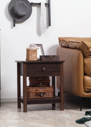 End Table with Drawer, Side Table with Top and Bottom Shelf for Small Spaces, Dark Brown