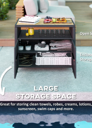 Outdoor Storage Cabinet with Acacia Wood Top, Two Doors, Shelf, Wicker Bar Table for Pool Towel Storage, Black