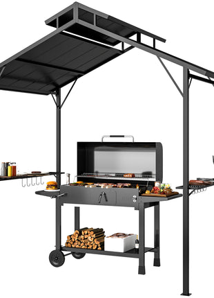 8 x 5ft Hardtop Grill Gazebo with Double Metal Roof, 2 Side Shelves and 10 Hooks for Patio Backyard Lawn Deck