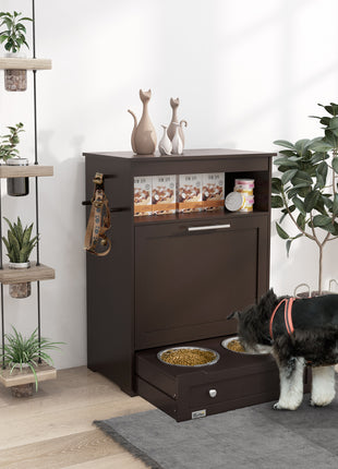 Pet Feeder Station Storage Cabinet, Dog Food Storage Container with Dog Raised Bowls, Watering Supplies, Gray