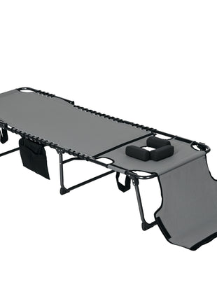 Folding Chaise Tanning Lounge Chair w/ 5-level Reclining Back, Reading Hole, Side Pocket, Headrest, Gray