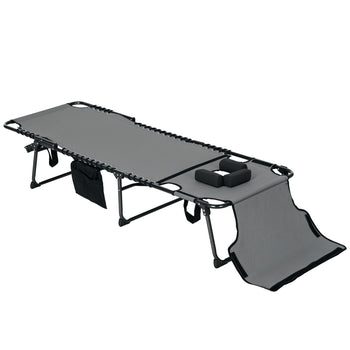 Folding Chaise Tanning Lounge Chair w/ 5-level Reclining Back, Reading Hole, Side Pocket, Headrest, Gray