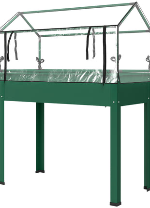 Elevated Garden Box with Greenhouse Cover, Raised Garden Bed with Legs and Drainage Hole for Vegetables, Green