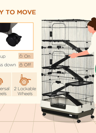 32"L 6-Level Small Animal Cage Rabbit Hutch with Universal Lockable Wheels, Slide-out Tray for Bunny, Chinchillas, Ferret, Black