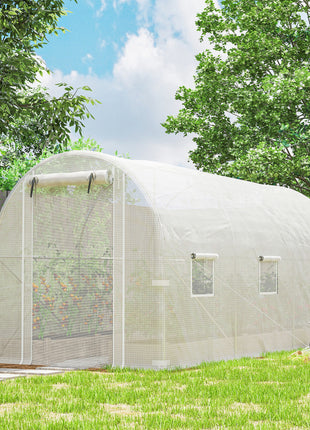 Hoop House Greenhouse, Walk-in Tunnel Greenhouse with 2 Support Rods, Zippered Roll-up Mesh Door, 14.6'x6.5'x6.6', White