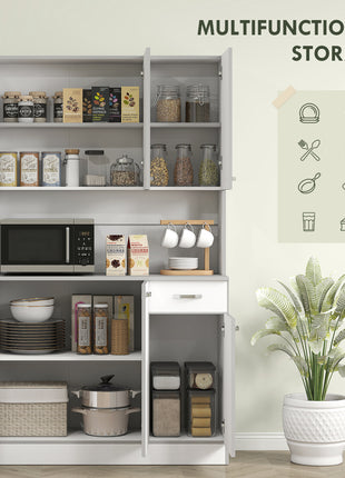 71" Kitchen Pantry Cabinet, Tall Storage Cabinet with Microwave Stand, Modern Kitchen Hutch with Countertop, 6 Doors, Storage Drawer, 3 Adjustable Shelves for Living Room, Dining Room, White