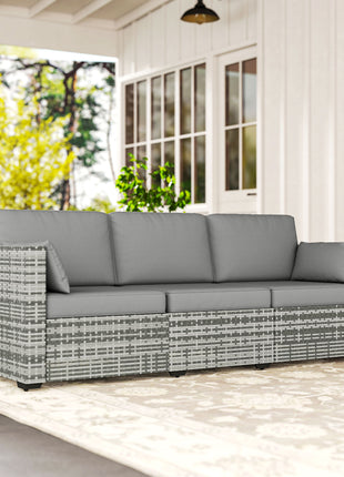 Patio Couch PE Wicker Deep Seating Outdoor Sofa with Removable Cushions, 3 Seater Rattan Sofa, Outdoor Furniture for Balcony, Deck, Garden and Poolside, Gray