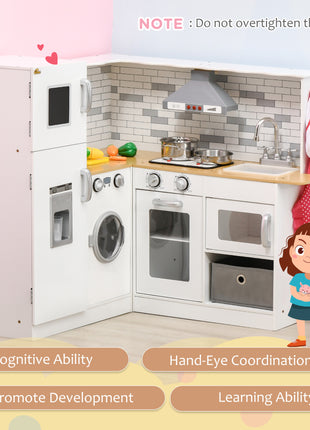Corner Play Kitchen Set with Sound Effects and Tons of Countertop Space, Large Wooden Kitchen with Washing Machine, Food Toys, Ice Maker, Kids Kitchen, Ages 3-6, White