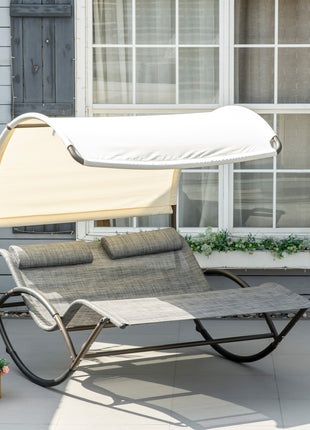 Outdoor Double Chaise Rocking Chair, Day Bed Sun Lounger with Canopy Shade, Headrest Pillow, Armrests for Garden, Poolside, Light Gray