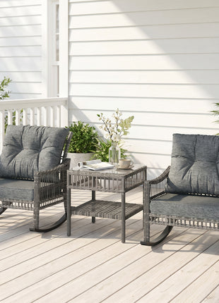 3 Piece Outdoor PE Rattan Rocker Chair Set, Rocking Chair with Tempered Glass Table Top, Gray
