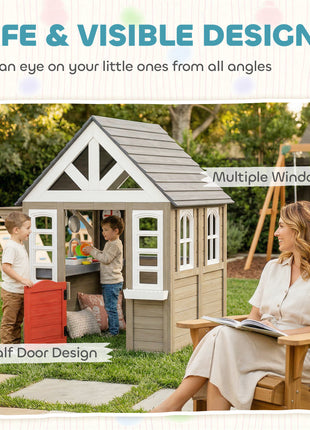 Outdoor Playhouse, Wooden Kids Playhouse with Dog Door, Flower Box, Cookware & Window for Garden Ages 2+, Gray