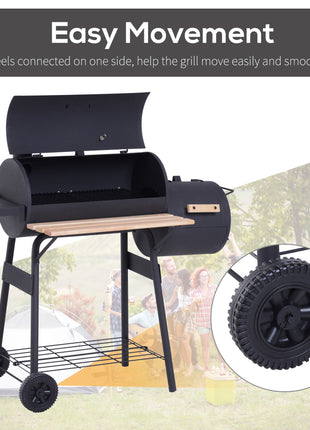 Charcoal BBQ, Portable Grill with Wheels, All-in-One Grill, Side vent, Two Shelves and Metal Grating, Lit-Mounted Thermometer, Wooden Handle, for Outdoor Cooking, Black