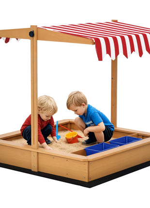 Kids Wooden Sandbox with Adjustable Height Cover and Toy Bin Storage, Children Sand Play Station Outdoor,Bottom Liner, for Backyard, Ages 3-7