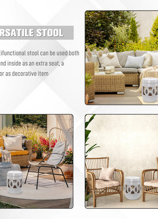 14" x 17" Ceramic Garden Stool with Double-Coin Knotted Ring Design & Strong Glazed Material, Decorative Outdoor Stool, Home Collection, White