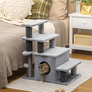 Adjustable Height 3 Step/4 Step Cat Stairs w/ Sisal Cat Scratching Post, Cat Condo, Toy Ball, for Bed, Sofa, Couch, Gray