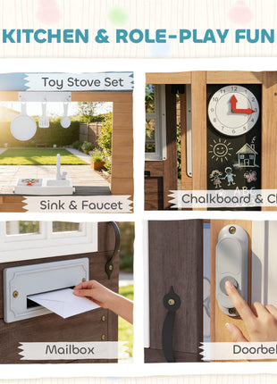 Wooden Kids Playhouse with Pet Door, Play Kitchen, Mailbox, Doorbell, Birdhouse, Fence and Windows for Pretend Play