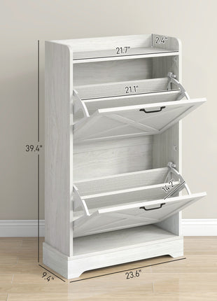 Slim Shoe Storage Cabinet, Farmhouse Shoe Cabinet with 2 Flip Drawers, Adjustable Shelves for 8 Pairs, Distressed White