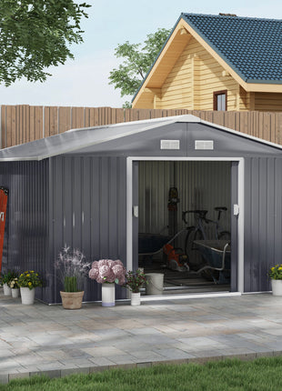 11' x 13' Garden Metal Shed, Storage Shed Utility Storage with Double Locking Doors for Bike, Yard Tools, Dark Gray