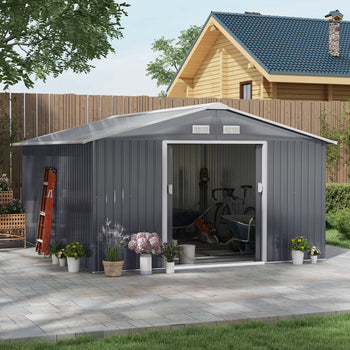 11' x 13' Garden Metal Shed, Storage Shed Utility Storage with Double Locking Doors for Bike, Yard Tools, Dark Gray