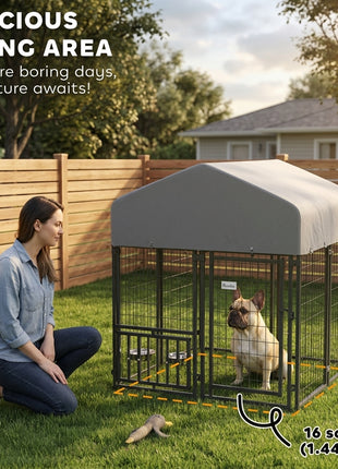 Welded Wire Outdoor Dog Kennel with 360° Rotating & 4 Levels Adjustable Bowls, Waterproof Cover, 3.9' x 3.9' x 4.5'