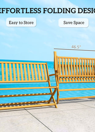 2-Person Foldable Wood Outdoor Bench with Backrest and Armrests for Garden, Porch, Park, Balcony, Teak
