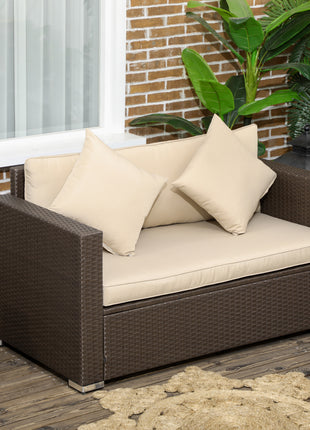 Outdoor Wicker Loveseat, Patio Furniture Couch with Cushions, 2 Seats PE Rattan Sofa, 2 Throw Pillows, Beige