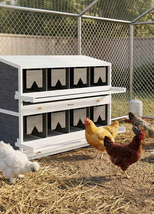 Chicken Nesting Box, 8 Compartment Wood Laying Boxes for Chicken Coop with Egg Collection Trays Perches for 16-32 Hens