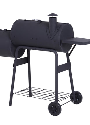 Charcoal BBQ, Portable Grill with Wheels, All-in-One Grill, Side vent, Two Shelves and Metal Grating, Lit-Mounted Thermometer, Wooden Handle, for Outdoor Cooking, Black