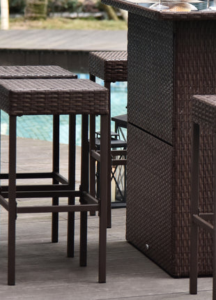 5 Piece Wicker Outdoor Bar Set, High Top Outdoor Table and Chairs, Height Patio Set with Glass Table Top 2 Tier Storage Shelf and 4 Bar Stools for Garden, Poolside, Dark Brown