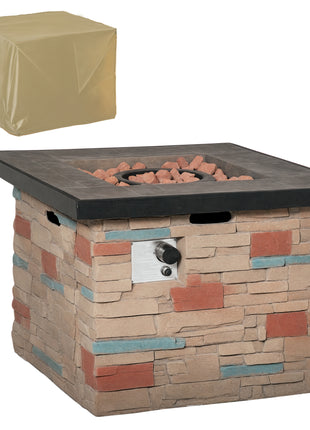 32 Inch Outdoor Propane Gas Fire Pit Table, 50,000 BTU Auto-Ignition Square Faux Ledge Stone Gas Firepit with Lava Rocks and Rain Cover, CSA Certification, Brown
