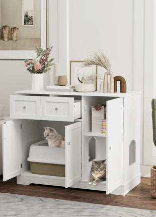 Cat Litter Box Enclosure with Drawers, Storage, Anti-tip Kit, 39" x 18" x 31.5", White