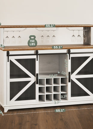 55" Coffee Bar Cabinet with Lights, Farmhouse Wine Cabinet with Wine and Glass Racks for Kitchen, Dining Room, White