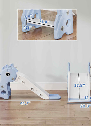 3-in-1 Toddler Slide for Age 1-3, Freestanding Kids Slide with Climber, Basketball Hoop and Ball, Giraffe Design, Blue